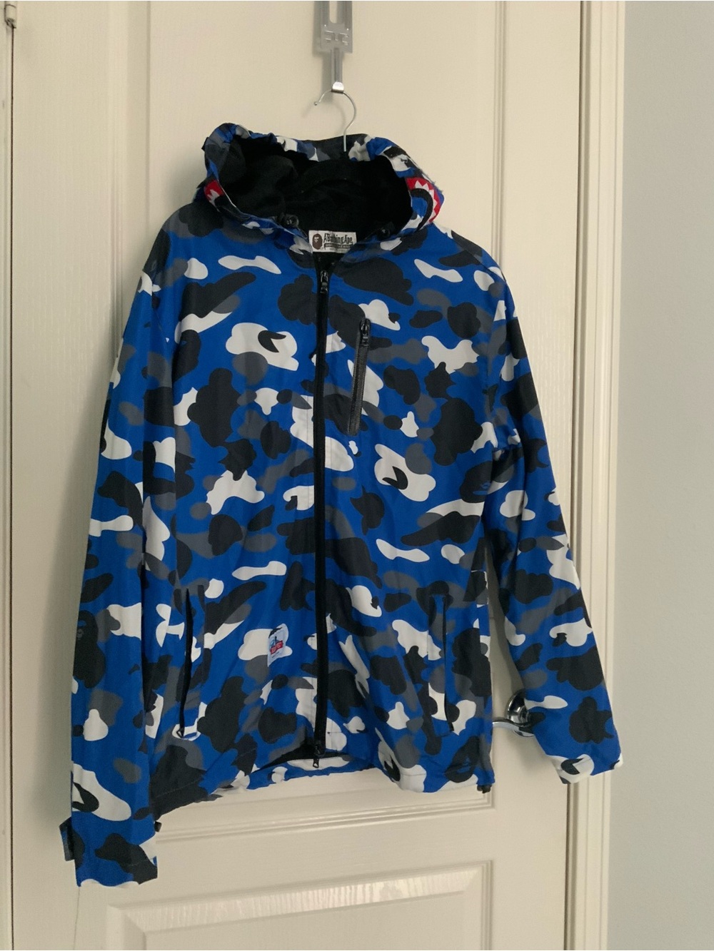 A Bathing Ape Men's Blue Camo Zip-Up Windbreaker Jacket with Hood MED